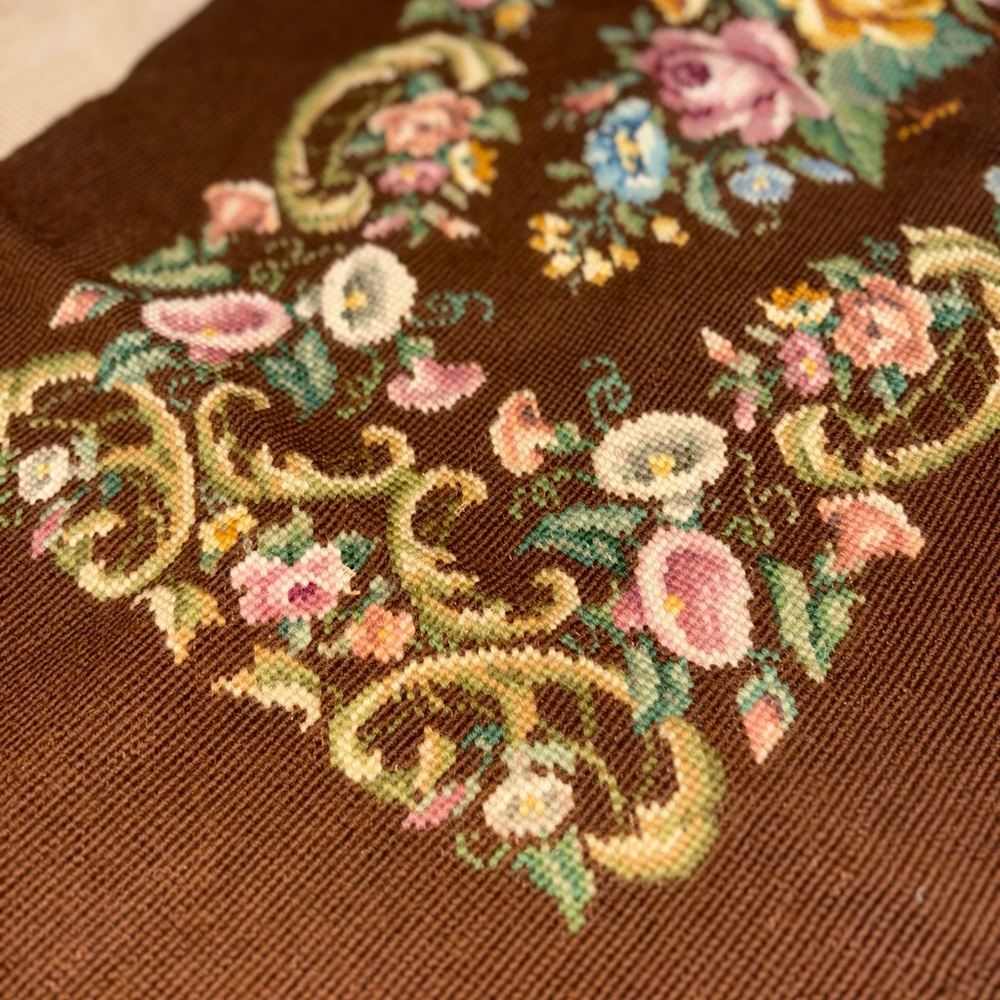 22” x 39” vintage handmade needlepoint tapestry floral bench panel upholstery - Picture 2 of 12